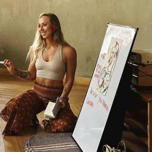 Yoga teacher training anatomy class with instructor presenting body diagram.